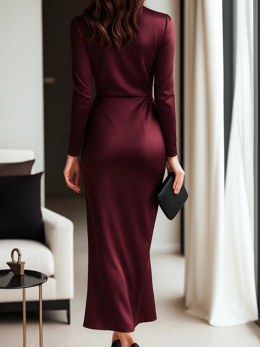 Women’s Long Sleeve Satin Wrap Midi Dress with Waist Tie