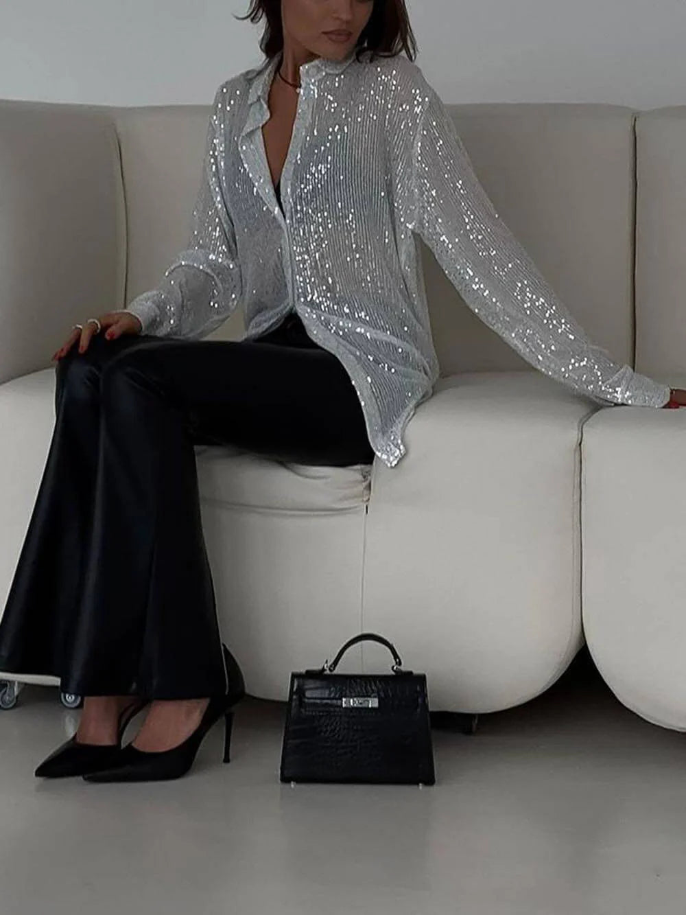 Women’s Long Sleeve Sequin Button Front Top
