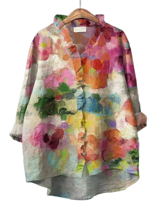 Women’s Long Sleeve Blouse with Split V-neck and All-Over Floral Pattern