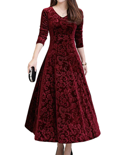 Women’s Long Sleeve V-Neck Velvet Maxi Dress
