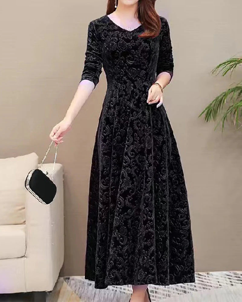 Women’s Long Sleeve V-Neck Velvet Maxi Dress