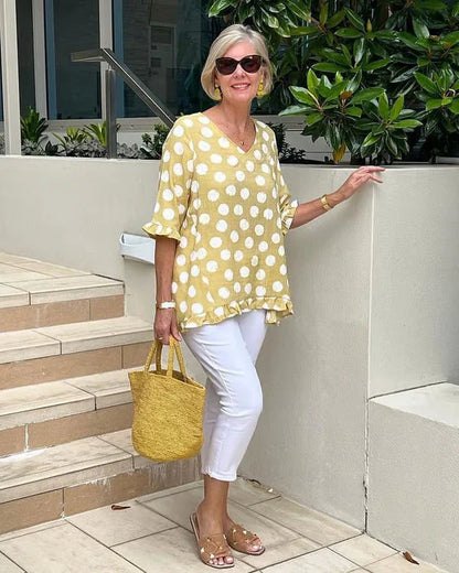 Women’s Loose Fit Top with V-Neck and Polka Dots
