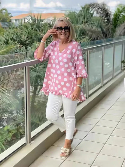 Women’s Loose Fit Top with V-Neck and Polka Dots