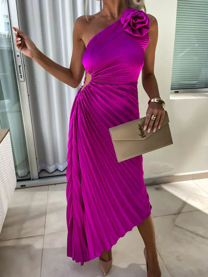 Women’s Maxi Dress with One-Shoulder Strap and Pleated Silhouette