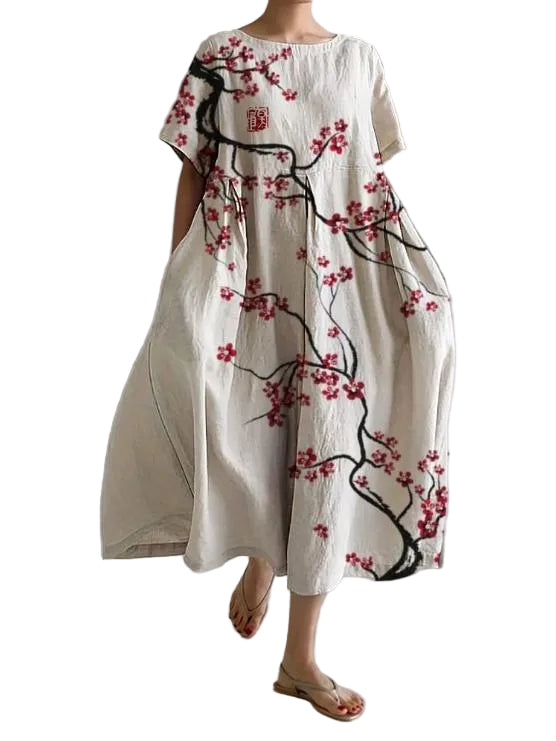 Women’s Maxi Dress with Round Neck and All-Over Floral Branch Print