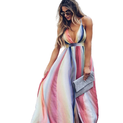 Women’s Maxi Dress with V-neck and All-Over Gradient Stripe Pattern