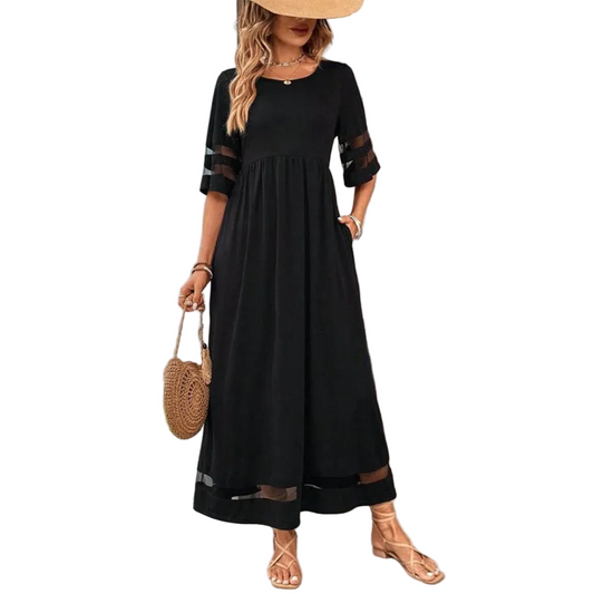 Women’s Midi Dress with Round Neck and Sheer Panel Detail