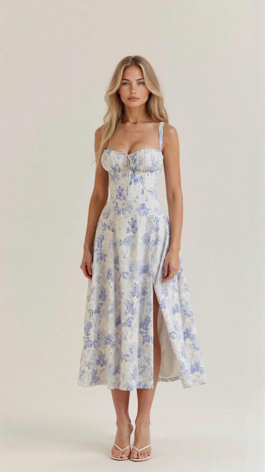 Women’s Midi Dress with Shoulder Straps and Fitted Bodice