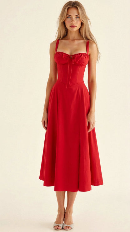 Women’s Midi Dress with Shoulder Straps and Fitted Bodice