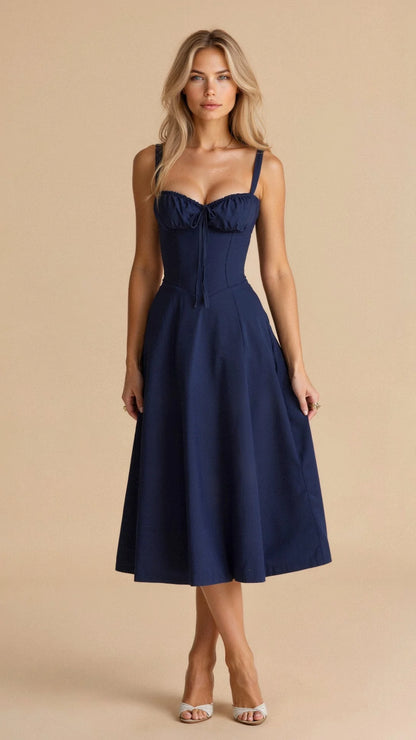 Women’s Midi Dress with Shoulder Straps and Fitted Bodice