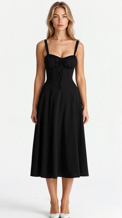 Women’s Midi Dress with Shoulder Straps and Fitted Bodice