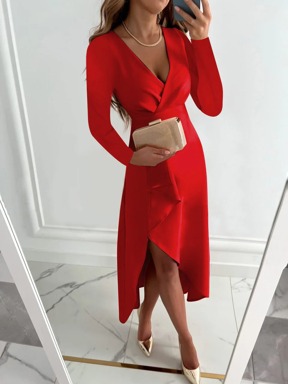 Women’s Midi Dress with Wrap-Style Front and Long Sleeves