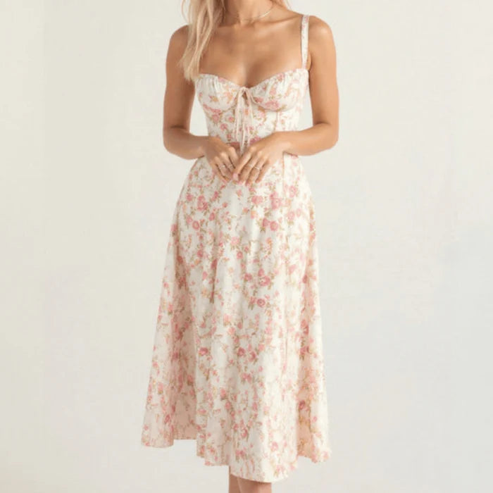 Women’s Midi Dress with Corset Bodice and Flared Skirt