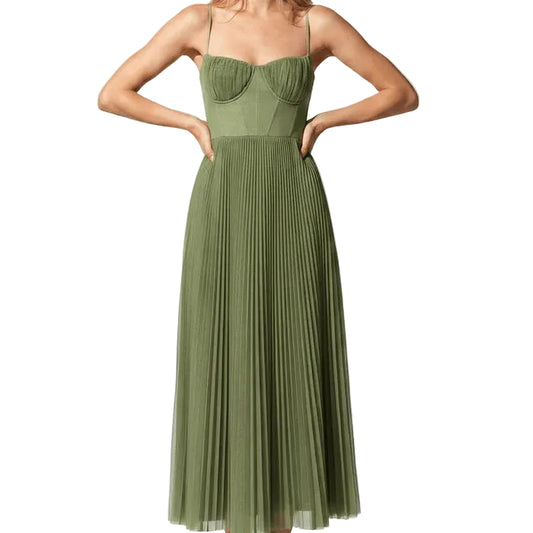 Women’s Midi Dress with Corset Bodice and Pleated Hem