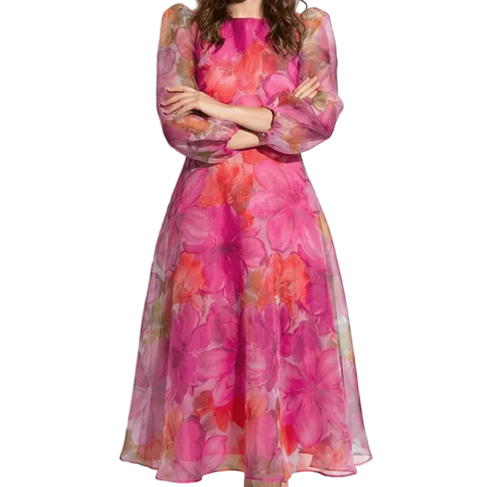 Women’s Midi Dress with Sheer Sleeves and Floral Print