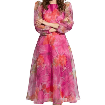 Women’s Midi Dress with Sheer Sleeves and Floral Print