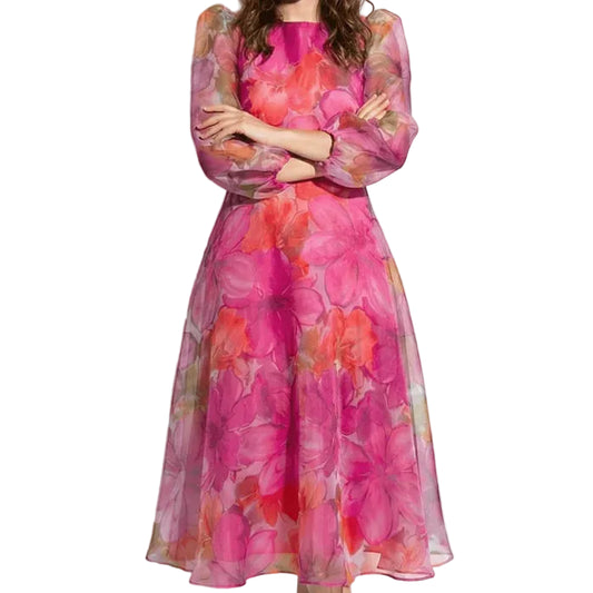 Women’s Midi Dress with Sheer Sleeves and Floral Print