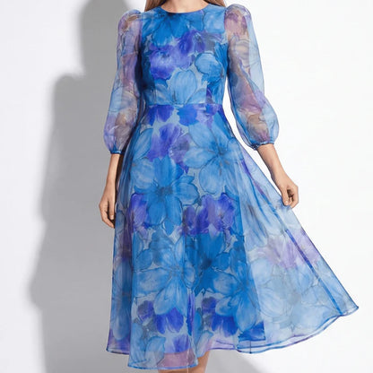 Women’s Midi Dress with Sheer Sleeves and Floral Print