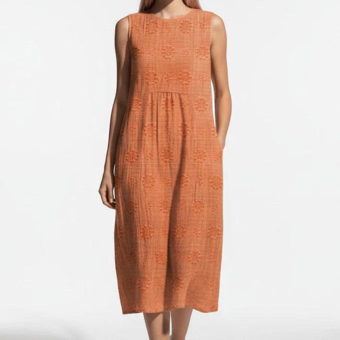 Women’s Midi Dress with Sleeveless Cut and Floral Embroidery