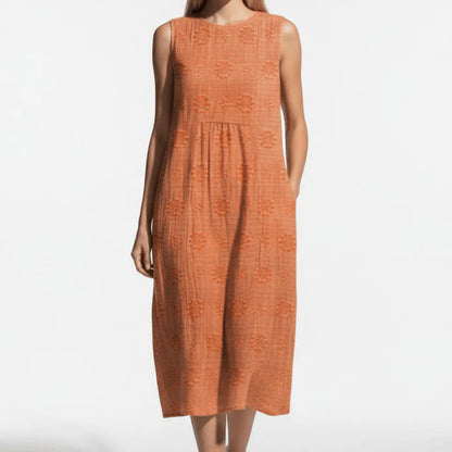 Women’s Midi Dress with Sleeveless Cut and Floral Embroidery