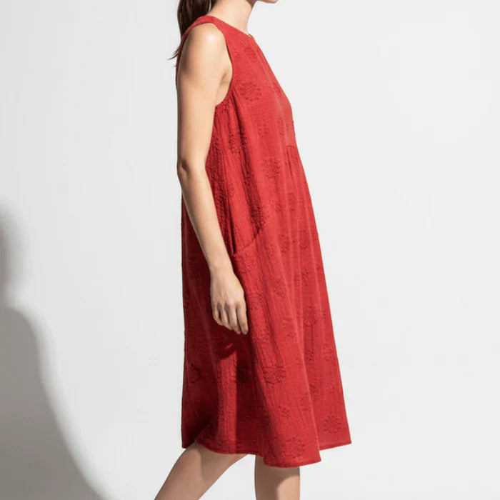 Women’s Midi Dress with Sleeveless Cut and Floral Embroidery