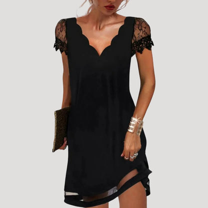 Women’s Mini Dress with Lace Cap Sleeves and V-Neck Design