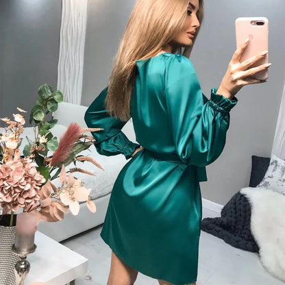 Women’s Mini Length Dress with Long Sleeves and Waist Belt
