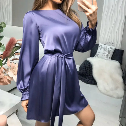 Women’s Mini Length Dress with Long Sleeves and Waist Belt