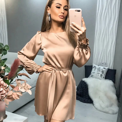 Women’s Mini Length Dress with Long Sleeves and Waist Belt