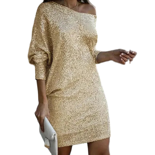 Women’s Off-Shoulder Mini Dress with Long Sleeves and Sequin Finish