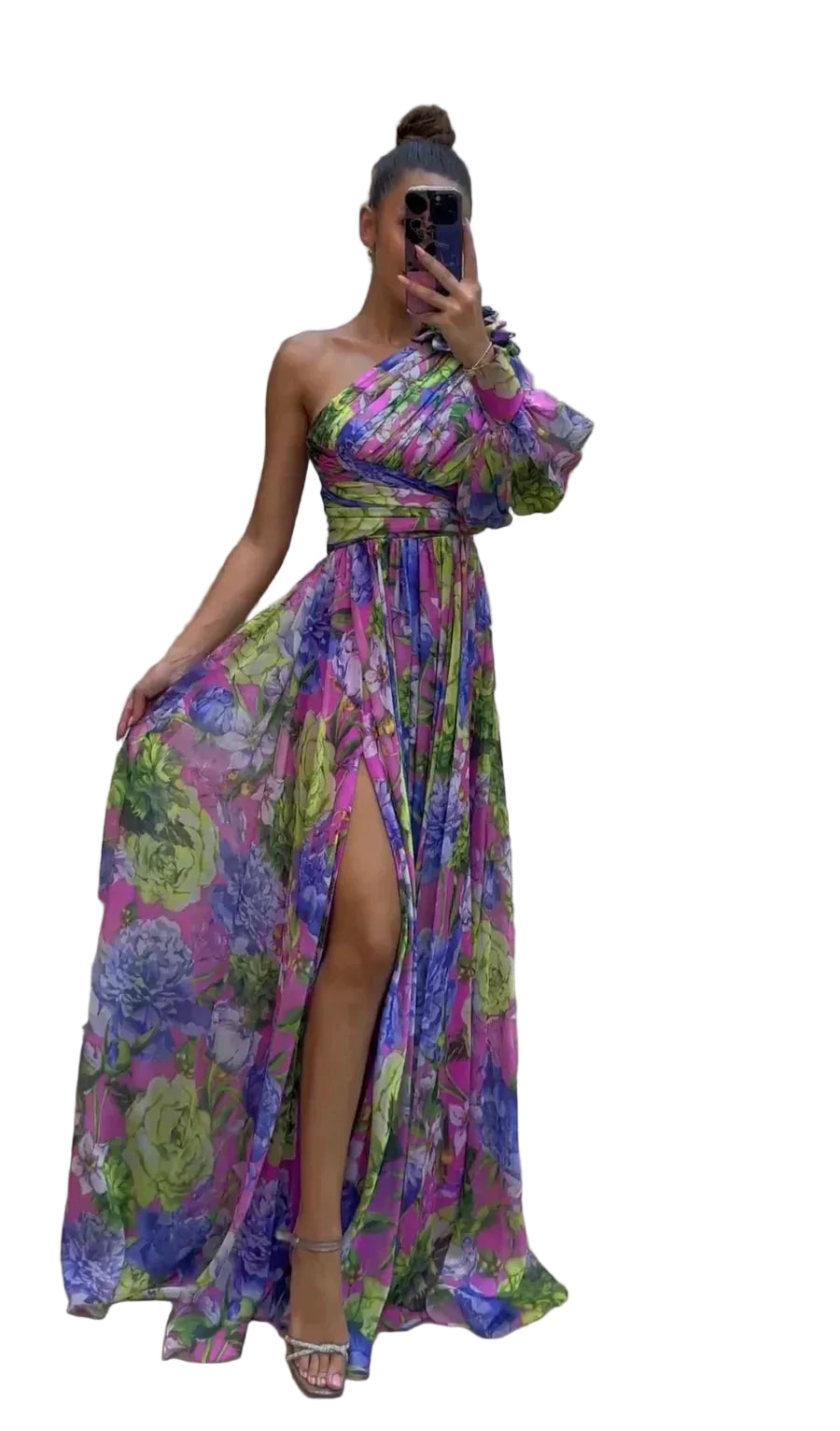 Women’s One-Shoulder Maxi Dress with Floral Print and Side Slit