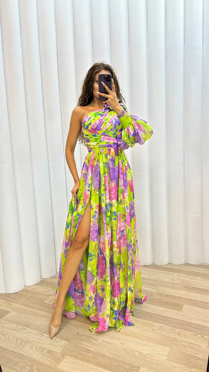 Women’s One-Shoulder Maxi Dress with Floral Print and Side Slit