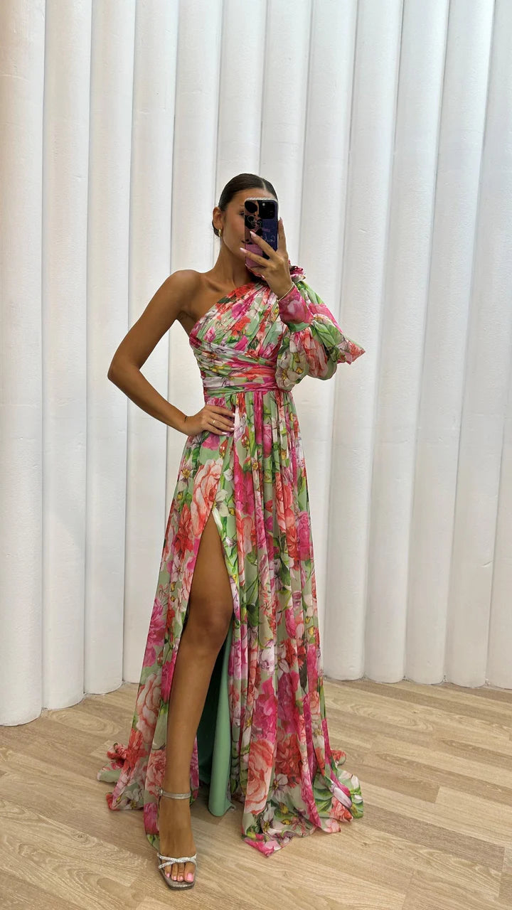 Women’s One-Shoulder Maxi Dress with Floral Print and Side Slit
