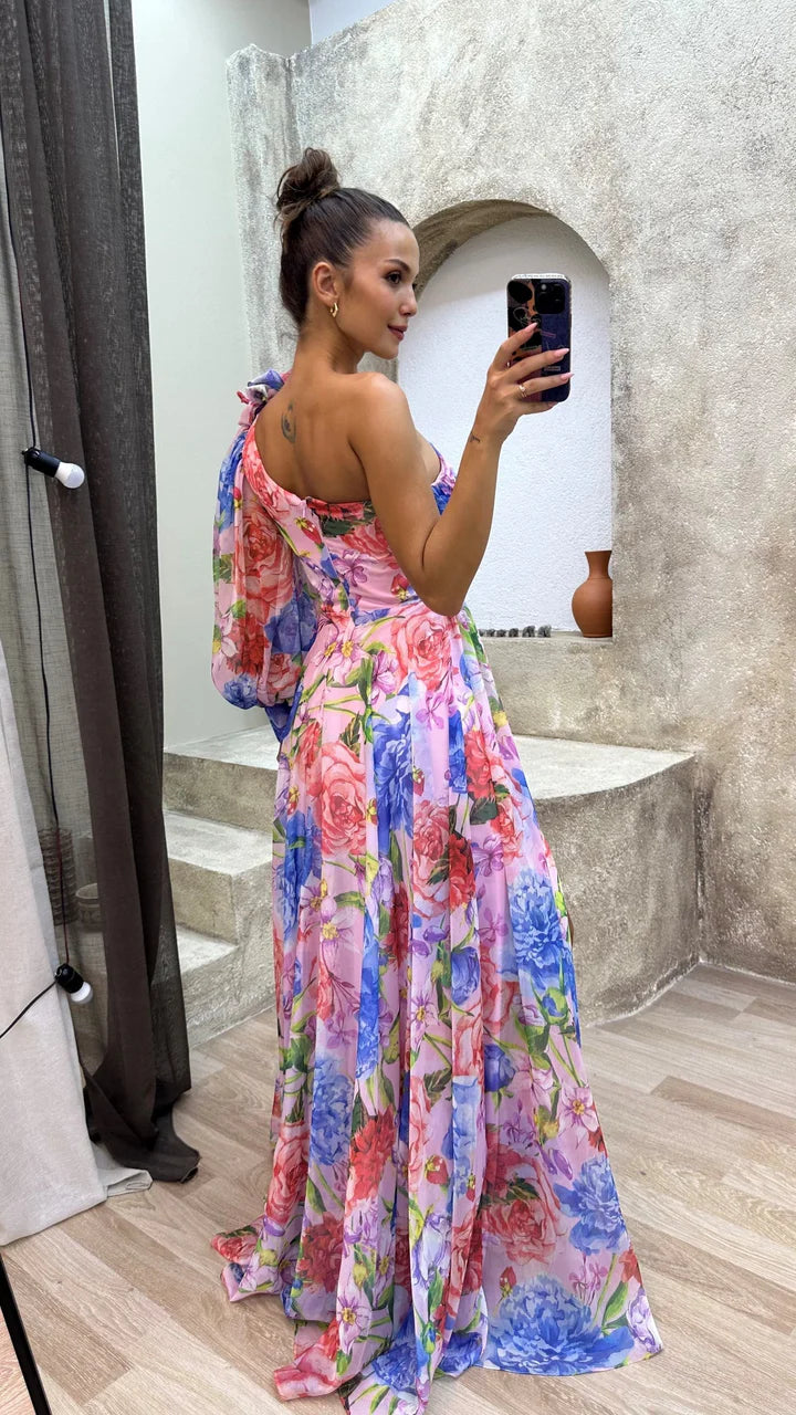 Women’s One-Shoulder Maxi Dress with Floral Print and Side Slit