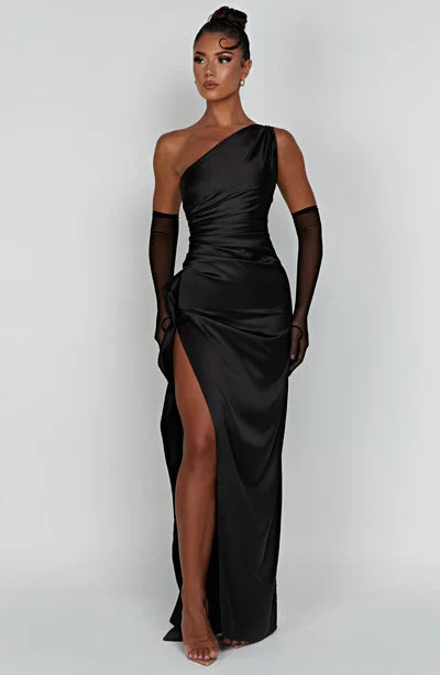 Women’s One Shoulder Maxi Dress with Draped Bodice and High Side Slit