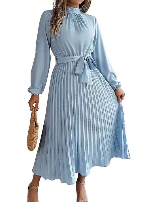 Women’s Pleated Midi Dress with Long Sleeves and Belt