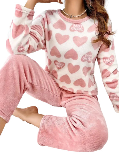 Women’s Plush Two-Piece Pajama Set with Printed Long Sleeve Top and Pants