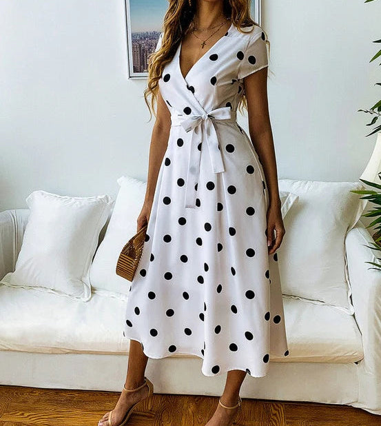 Women’s Polka Dot Midi Dress with V-Neck and Waist Tie