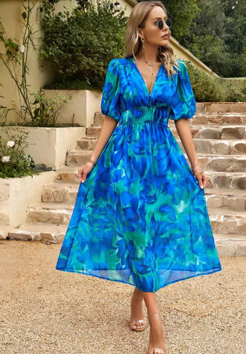 Women’s Printed Midi Dress with V-Neck and Puff Sleeves