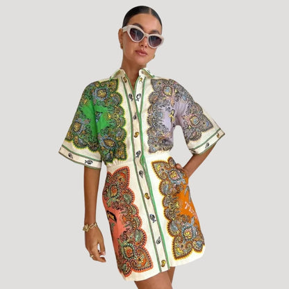 Women’s Printed Mini Dress with Shirt Collar and Button Front