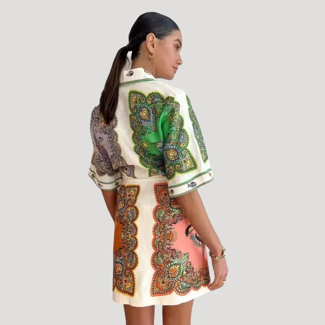 Women’s Printed Mini Dress with Shirt Collar and Button Front