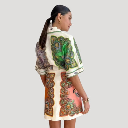 Women’s Printed Mini Dress with Shirt Collar and Button Front