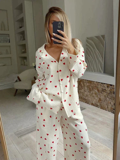 Women’s Printed Pajama Set with Button-Front Long Sleeve Top and Pants