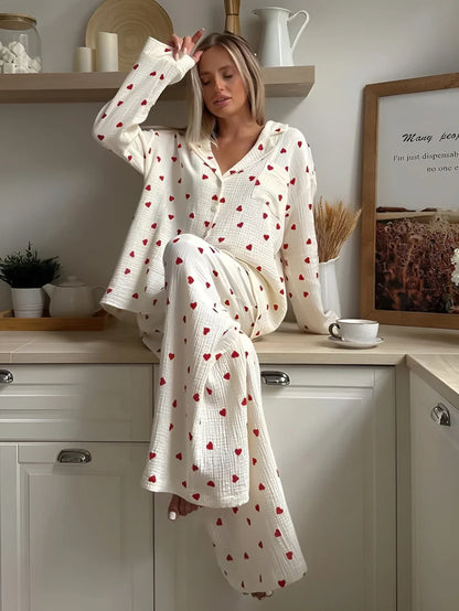 Women’s Printed Pajama Set with Button-Front Long Sleeve Top and Pants