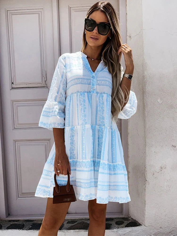 Women’s Printed Short Dress with Long Sleeves and Loose Fit