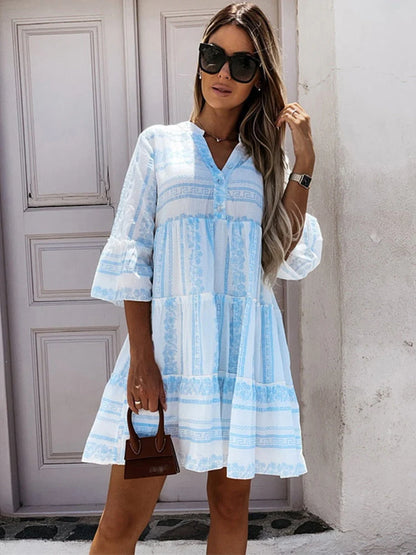 Women’s Printed Short Dress with Long Sleeves and Loose Fit