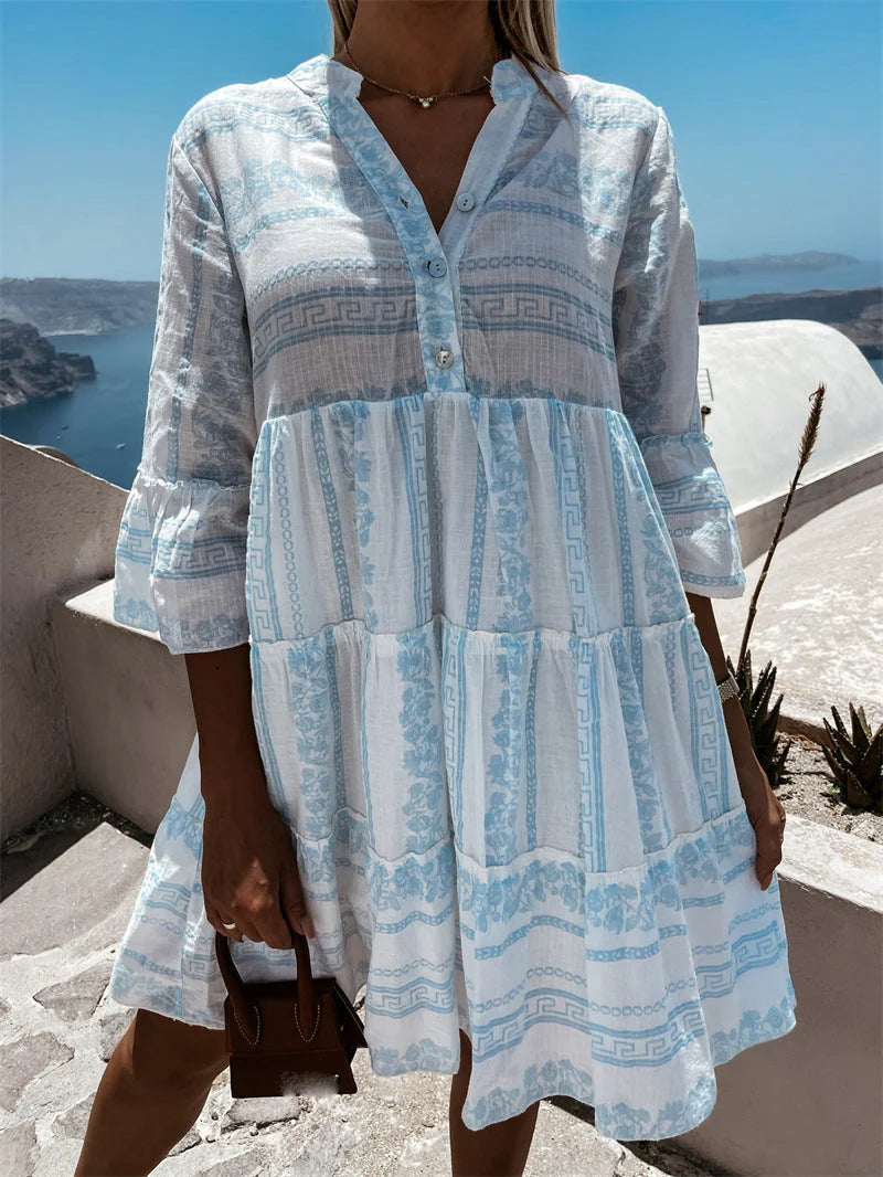 Women’s Printed Short Dress with Long Sleeves and Loose Fit