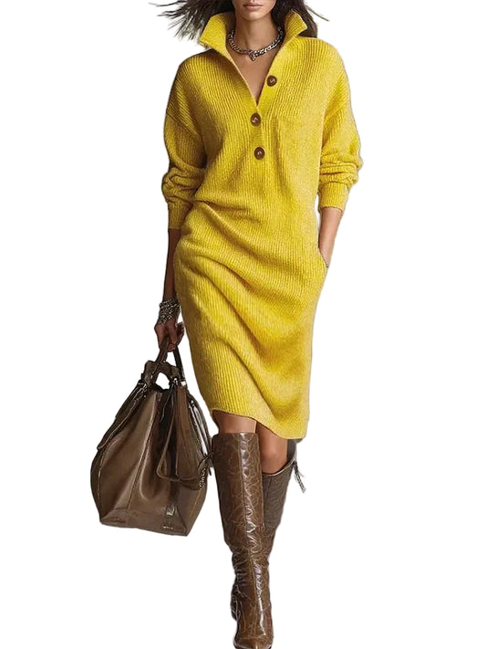 Women’s Ribbed Knit Midi Dress with Button Neck and Long Sleeves
