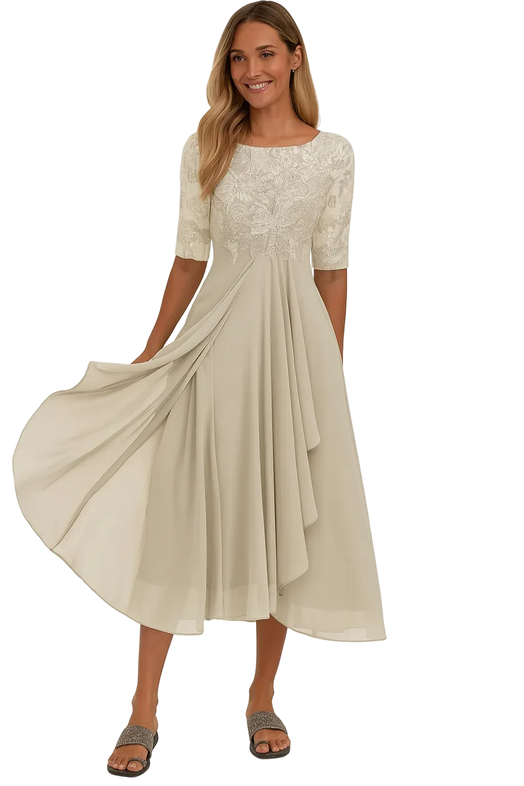 Women’s Round Neck Midi Dress with Lace Bodice and Half Sleeves