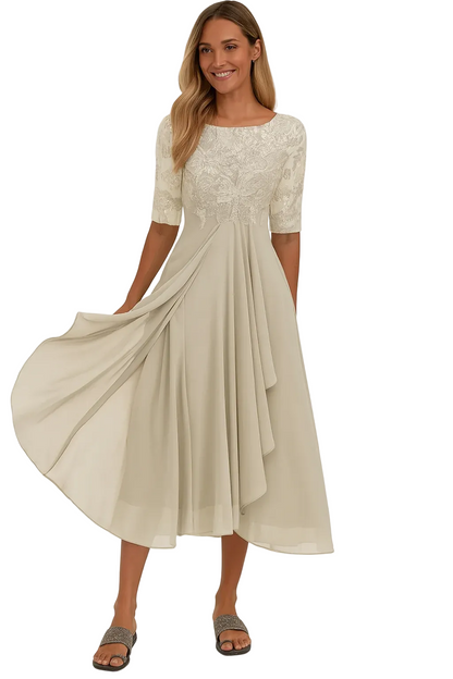 Women’s Round Neck Midi Dress with Lace Bodice and Half Sleeves